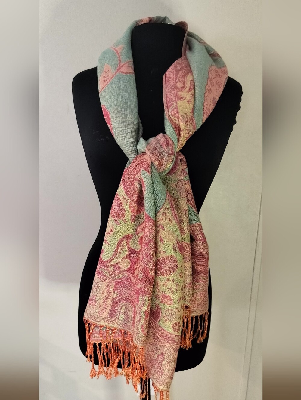Paisley Fringe Scarf in Mint Green and Pink by